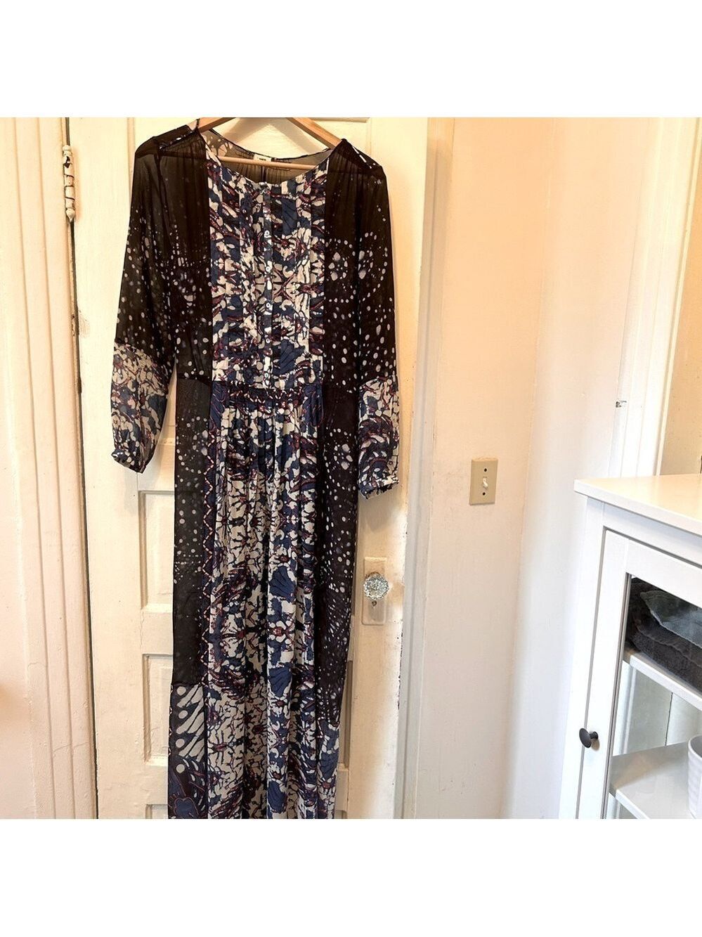 WARM $600 Tie Dye Button Front Maxi Silk Dress Sz L Blue Cream Red